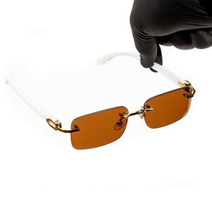 Mens Women's Gold Frame Brown Tint Rimless White Woodgrain Arm Buffs Sunglasses